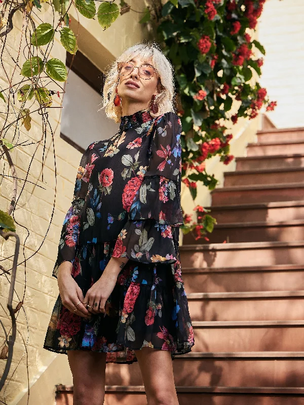 Super Deal Women Black Chiffon Floral Choker Dress