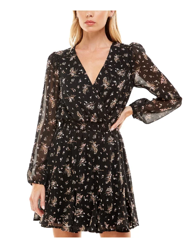 Bonus Savings TRIXXI Womens Black Sheer Ruffled Keyhole Back Closure Floral Long Sleeve Surplice Neckline Short Party Fit + Flare Dress Bonus Savings TRIXXI Womens Black Sheer Ruffled Keyhole Back Closure Floral Long Sleeve Surplice Neckline Short Party Fit + Flare Dress