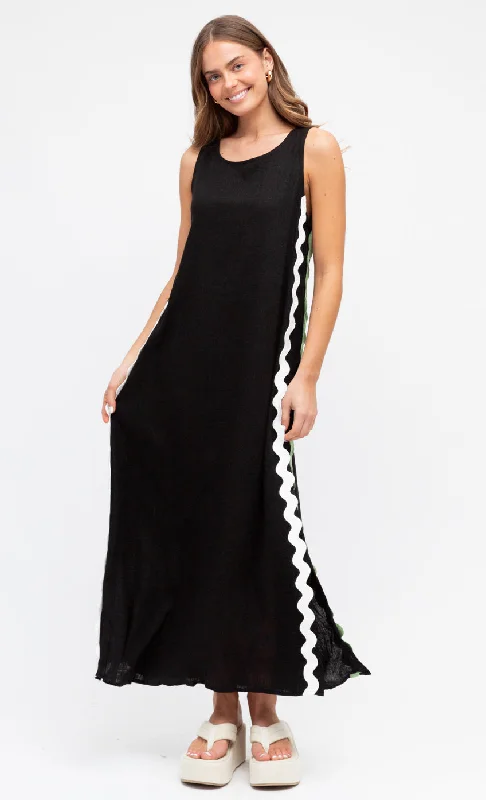 New Deals Barcelona Black Ric Rac Maxi Dress
