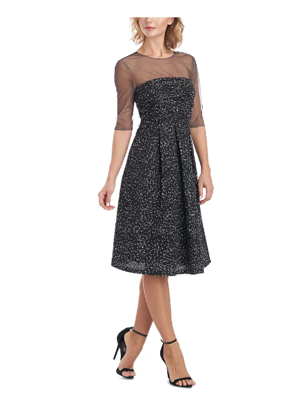 Super Deal JS COLLECTION Womens Mesh Zippered Floral Elbow Sleeve Illusion Neckline Knee Length Party Fit + Flare Dress