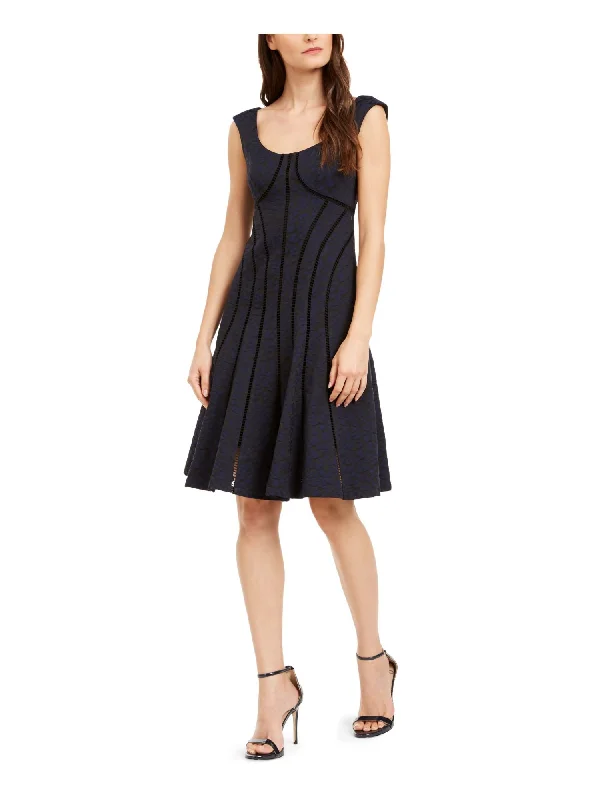 Closeout NANETTE LEPORE Womens Navy Patterned Sleeveless Jewel Neck Above The Knee Fit + Flare Dress Closeout NANETTE LEPORE Womens Navy Patterned Sleeveless Jewel Neck Above The Knee Fit + Flare Dress