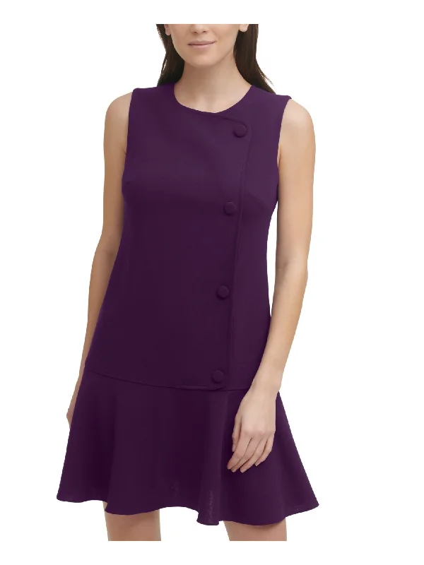 Deal Mania DKNY Womens Purple Stretch Zippered Fitted Faux Button Sleeveless Round Neck Short Wear To Work Drop Waist Dress Deal Mania DKNY Womens Purple Stretch Zippered Fitted Faux Button Sleeveless Round Neck Short Wear To Work Drop Waist Dress
