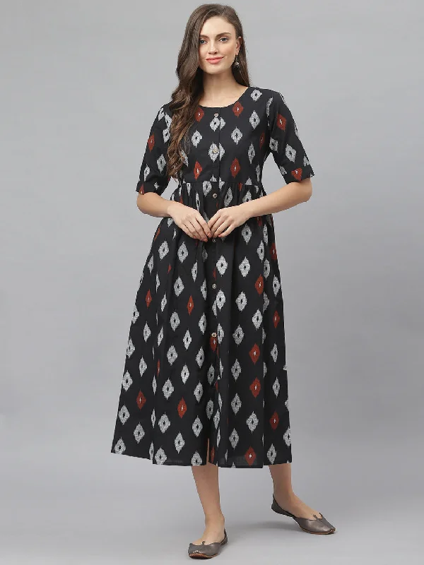 Year-End Sale Women's Ikat Print Cotton Midi Flared Dress