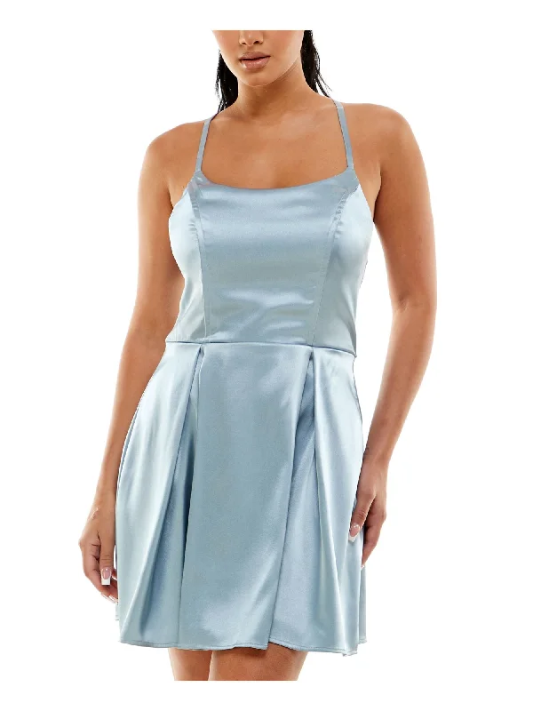 Bargain Blast SPEECHLESS Womens Light Blue Stretch Zippered Pleated Strappy-back Satin Tie Spaghetti Strap Scoop Neck Mini Party Fit + Flare Dress Bargain Blast SPEECHLESS Womens Light Blue Stretch Zippered Pleated Strappy-back Satin Tie Spaghetti Strap Scoop Neck Mini Party Fit + Flare Dress