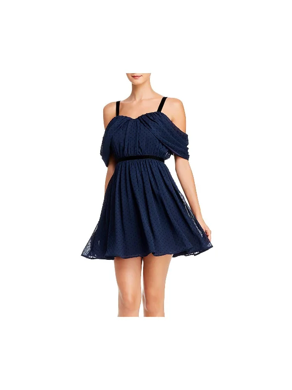 Great Bargains AQUA Womens Navy Cold Shoulder Polka Dot Sleeveless Off Shoulder Short Evening Fit + Flare Dress Great Bargains AQUA Womens Navy Cold Shoulder Polka Dot Sleeveless Off Shoulder Short Evening Fit + Flare Dress