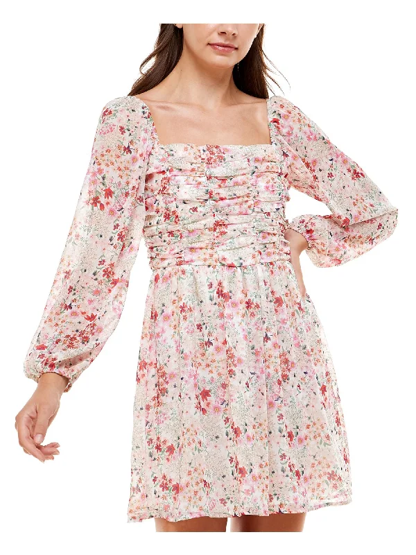 Online Specials CRYSTAL DOLLS Womens Ivory Stretch Zippered Smocked Ruched Bodice Chiffon Lined Floral Long Sleeve Square Neck Short Party Fit + Flare Dress Online Specials CRYSTAL DOLLS Womens Ivory Stretch Zippered Smocked Ruched Bodice Chiffon Lined Floral Long Sleeve Square Neck Short Party Fit + Flare Dress