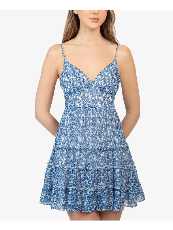 Special Discount B DARLIN Womens Blue Zippered Ruffled Tiered Chiffon Tie Floral Spaghetti Strap Sweetheart Neckline Mini Party Fit + Flare Dress Special Discount B DARLIN Womens Blue Zippered Ruffled Tiered Chiffon Tie Floral Spaghetti Strap Sweetheart Neckline Mini Party Fit + Flare Dress