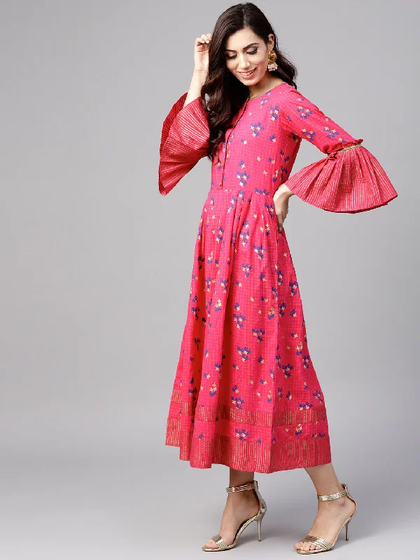 Special Promotion Women Pink and blue printed woven midi A-line dress