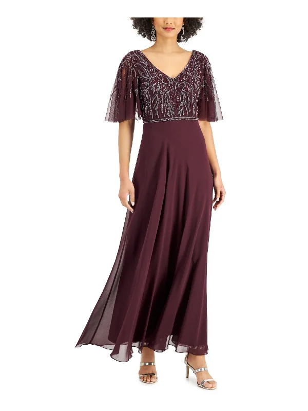 Quick Sale JKARA Womens Beaded Flutter Sleeve V Neck Full-Length Evening Gown Dress