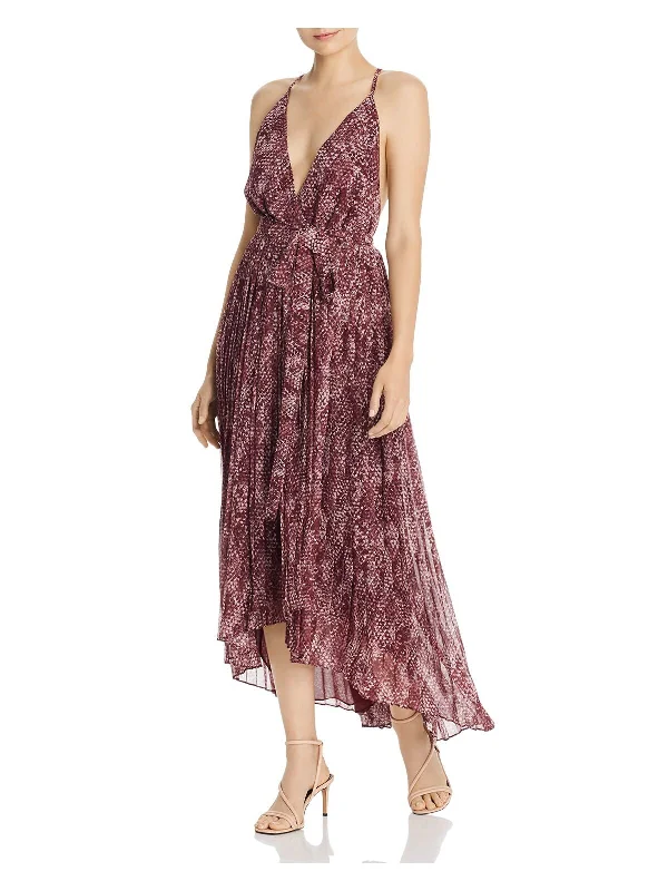 Instant Discount FAME AND PARTNERS Womens Maroon Pleated Printed Spaghetti Strap V Neck Below The Knee Evening Hi-Lo Dress Instant Discount FAME AND PARTNERS Womens Maroon Pleated Printed Spaghetti Strap V Neck Below The Knee Evening Hi-Lo Dress