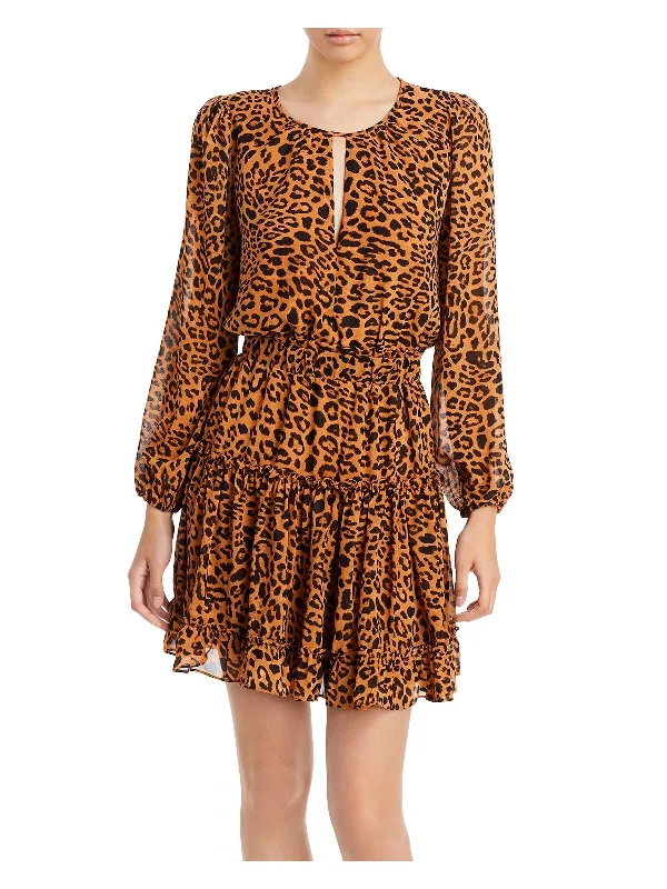 Clearance Sale AQUA Womens Brown Ruffled Cut Out Sheer Lined Animal Print Long Sleeve Round Neck Short Party Fit + Flare Dress