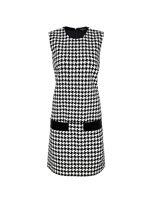 Sneak Peek Sale Barbara Bui Womens Black Faux Leather Pocketed Houndstooth Sleeveless Jewel Neck Short Evening Shift Dress Sneak Peek Sale Barbara Bui Womens Black Faux Leather Pocketed Houndstooth Sleeveless Jewel Neck Short Evening Shift Dress