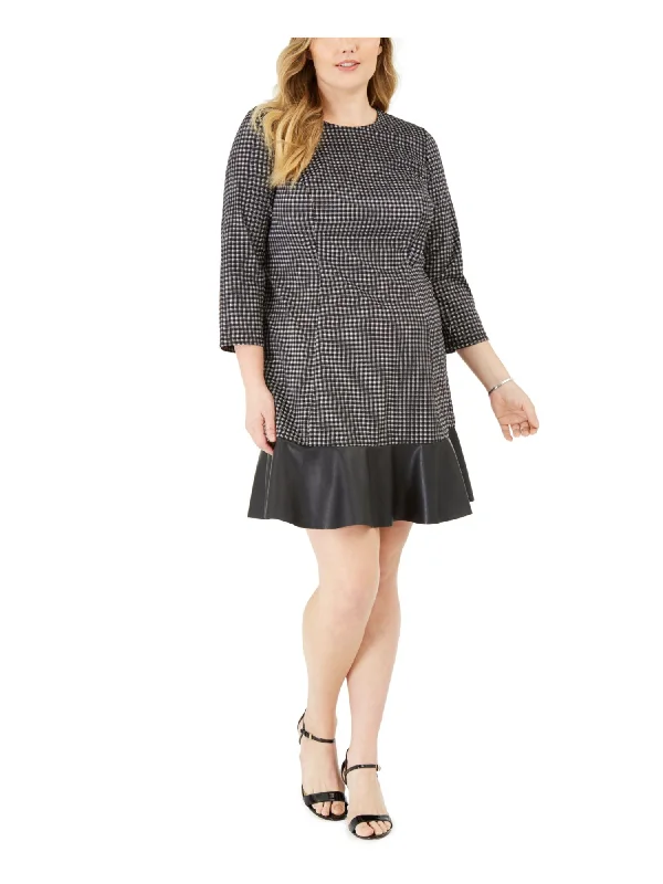 Special Offer MICHAEL KORS Womens Black Zippered Faux Leather Unlined Plaid 3/4 Sleeve Crew Neck Above The Knee Shift Dress Special Offer MICHAEL KORS Womens Black Zippered Faux Leather Unlined Plaid 3/4 Sleeve Crew Neck Above The Knee Shift Dress