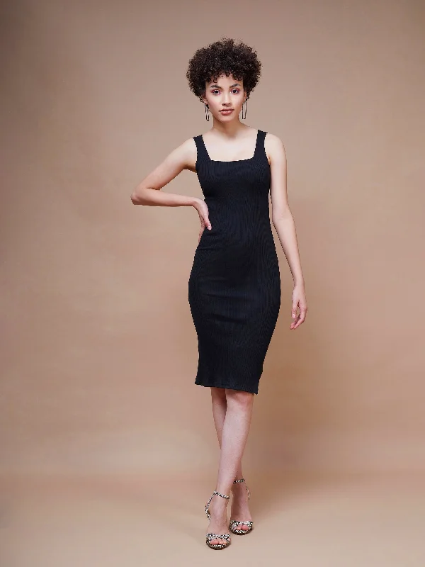 Hot Deal Women Black Rib Square Neck Midi Dress