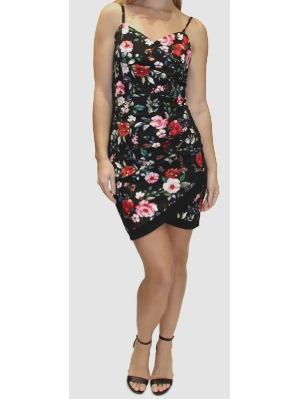 Limited Time ALMOST FAMOUS Womens Black Gathered Textured Adjustable Straps Floral Spaghetti Strap Surplice Neckline Short Party Faux Wrap Dress Limited Time ALMOST FAMOUS Womens Black Gathered Textured Adjustable Straps Floral Spaghetti Strap Surplice Neckline Short Party Faux Wrap Dress