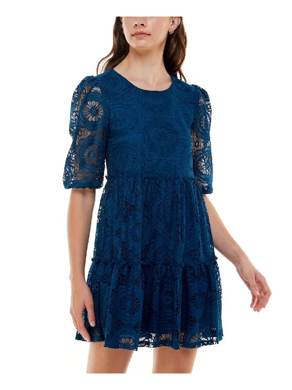 Clearance Items SPEECHLESS Womens Teal Stretch Ruffled Sheer Crochet Lace Tiered Elbow Sleeve Round Neck Short Party Fit + Flare Dress