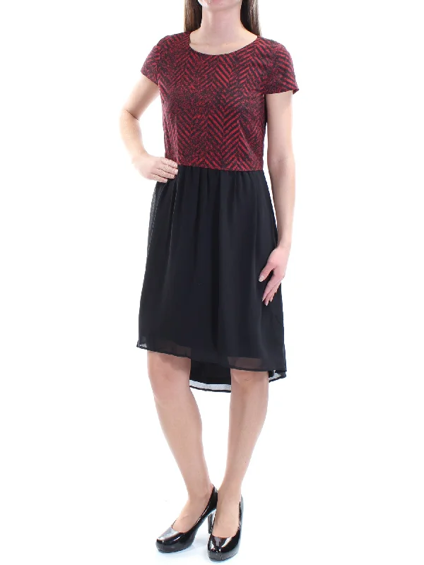 Price Reduction KENSIE Womens Red Zippered Sheer Lined Chevron Short Sleeve Jewel Neck Below The Knee Wear To Work Hi-Lo Dress Price Reduction KENSIE Womens Red Zippered Sheer Lined Chevron Short Sleeve Jewel Neck Below The Knee Wear To Work Hi-Lo Dress