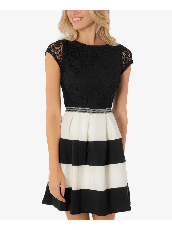 Super Bargain SPEECHLESS Womens Lace Striped Jewel Neck Above The Knee Fit + Flare Dress Super Bargain SPEECHLESS Womens Lace Striped Jewel Neck Above The Knee Fit + Flare Dress