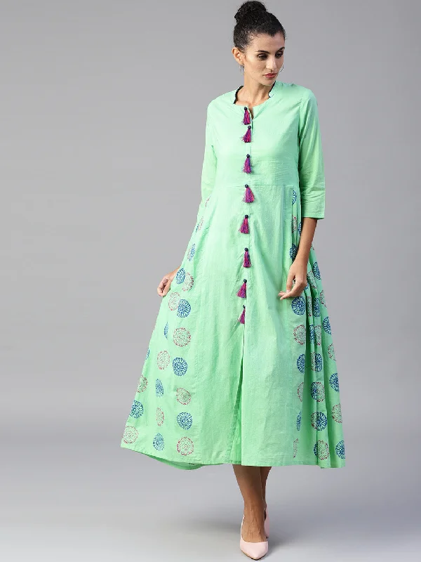 Price Slash Women Sea green printed woven midi fit and flare dress