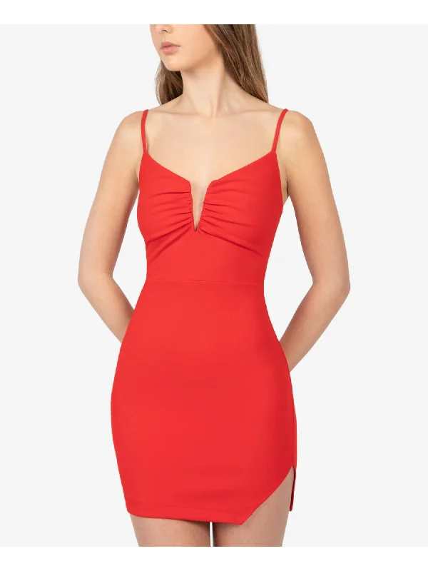 New Markdowns B DARLIN Womens Stretch Ruched Spaghetti Strap Split Mini Party Body Con Dress New Markdowns B DARLIN Womens Stretch Ruched Spaghetti Strap Split Mini Party Body Con Dress
