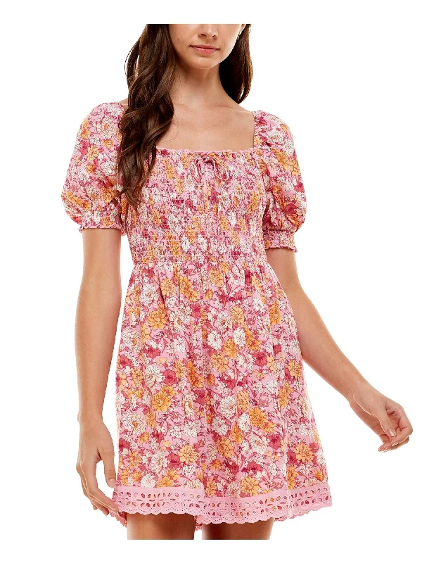 Epic Deals CITY STUDIO Womens Smocked Floral Pouf Sleeve Square Neck Short Fit + Flare Dress Epic Deals CITY STUDIO Womens Smocked Floral Pouf Sleeve Square Neck Short Fit + Flare Dress