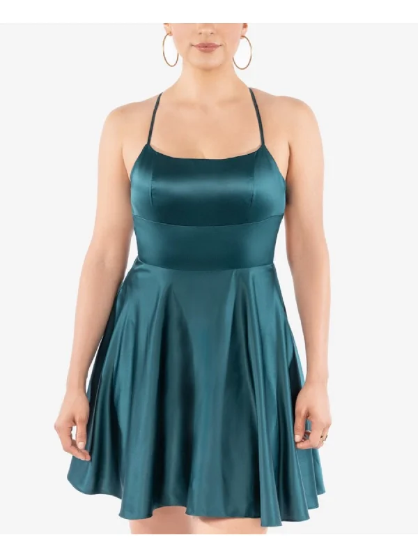 Limited Time Offer B DARLIN Womens Teal Zippered Fitted Lace-up Back Molded Cups Spaghetti Strap Square Neck Short Party Fit + Flare Dress Limited Time Offer B DARLIN Womens Teal Zippered Fitted Lace-up Back Molded Cups Spaghetti Strap Square Neck Short Party Fit + Flare Dress