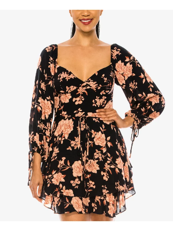 Final Sale B DARLIN Womens Black Belted Zippered Square Back Tiered Hem Tie Cuffs Floral 3/4 Sleeve Sweetheart Neckline Short Party Fit + Flare Dress Final Sale B DARLIN Womens Black Belted Zippered Square Back Tiered Hem Tie Cuffs Floral 3/4 Sleeve Sweetheart Neckline Short Party Fit + Flare Dress
