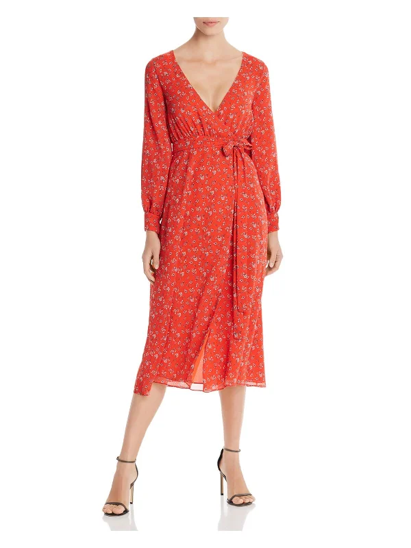 New Deals FAME AND PARTNERS Womens Red Floral Long Sleeve V Neck Below The Knee Fit + Flare Dress New Deals FAME AND PARTNERS Womens Red Floral Long Sleeve V Neck Below The Knee Fit + Flare Dress