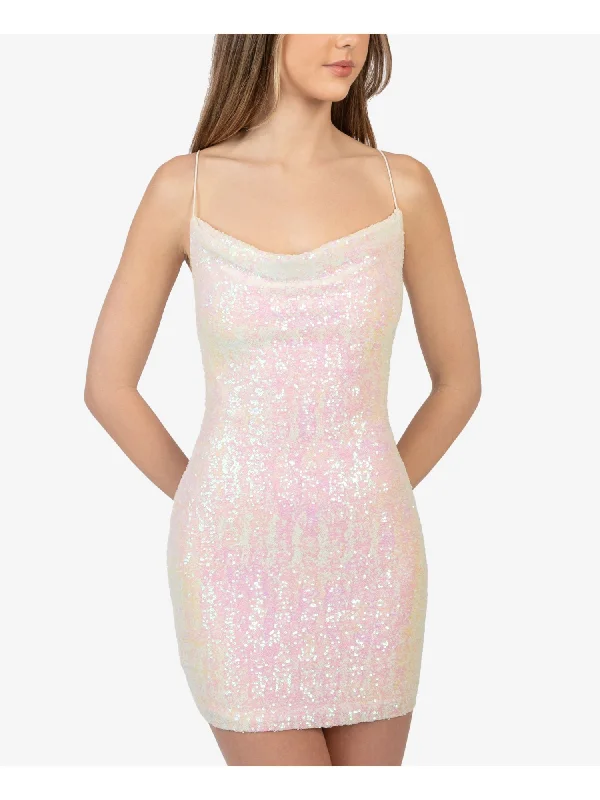 Quick Sale B DARLIN Womens White Stretch Sequined Zippered Fitted Crisscross Back Printed Spaghetti Strap Cowl Neck Mini Party Body Con Dress Quick Sale B DARLIN Womens White Stretch Sequined Zippered Fitted Crisscross Back Printed Spaghetti Strap Cowl Neck Mini Party Body Con Dress