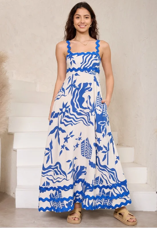 Savings Galore Summer White/Blue  Ric Rac Maxi Dress