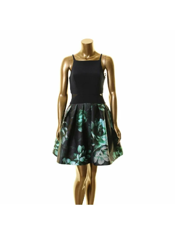 Deal Mania XSCAPE Womens Blue Floral Sleeveless Halter Mini Party Fit + Flare Dress