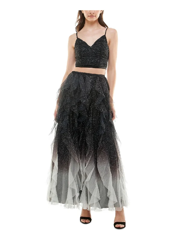 Buy Now TEEZE ME Womens Mesh Zippered Ombre Spaghetti Strap V Neck Full-Length Prom Ruffled Dress