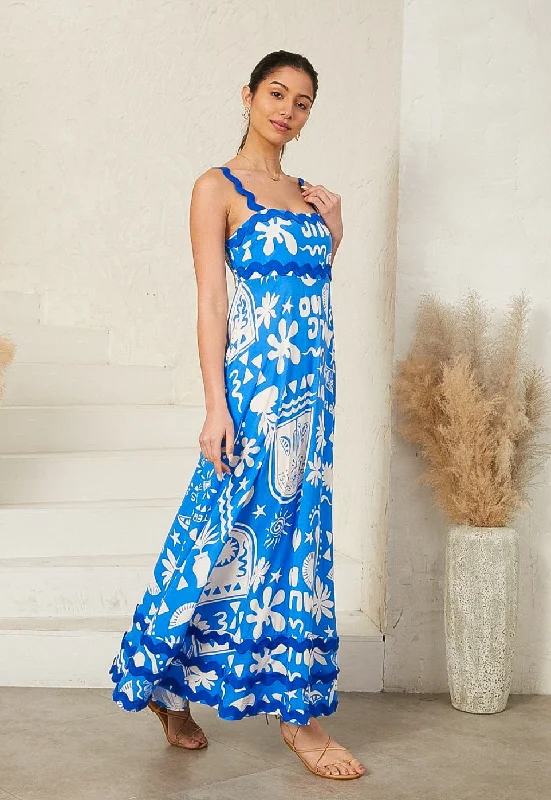 Value Deals Summer Tequiila Blue/White  Ric Rac Maxi Dress