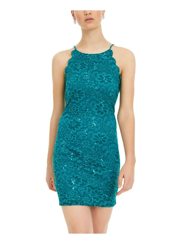 Incredible Offers BCX Womens Teal Lace Sequined Sleeveless Halter Short Evening Shift Dress Incredible Offers BCX Womens Teal Lace Sequined Sleeveless Halter Short Evening Shift Dress