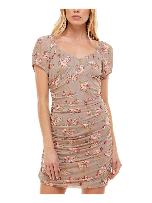 Hot Deal NO COMMENT Womens Stretch Ruched Floral Short Sleeve Sweetheart Neckline Short Body Con Dress