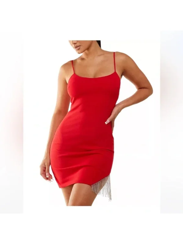 Exclusive Savings CITY STUDIO Womens Red Fringed Zippered Lined Slip-style Spaghetti Strap Square Neck Mini Party Body Con Dress Exclusive Savings CITY STUDIO Womens Red Fringed Zippered Lined Slip-style Spaghetti Strap Square Neck Mini Party Body Con Dress