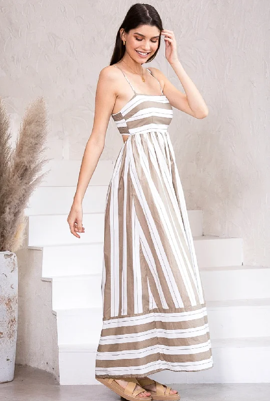 Doorbuster Deal Cleo Beige and White Stripe Maxi Dress