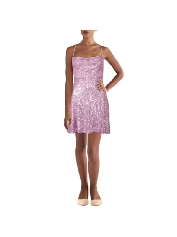 Steals and Deals B DARLIN Womens Purple Stretch Sequined Zippered Lined Spaghetti Strap Cowl Neck Short Party Fit + Flare Dress Steals and Deals B DARLIN Womens Purple Stretch Sequined Zippered Lined Spaghetti Strap Cowl Neck Short Party Fit + Flare Dress