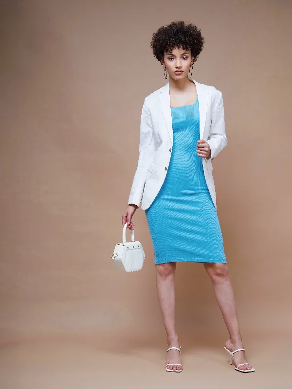 Year-End Sale Women Turquoise Rib Square Neck Midi Dress