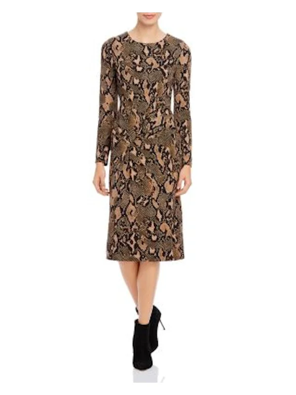 Clearance Items DONNA KARAN Womens Brown Printed Long Sleeve Crew Neck Tea-Length Shift Dress Clearance Items DONNA KARAN Womens Brown Printed Long Sleeve Crew Neck Tea-Length Shift Dress