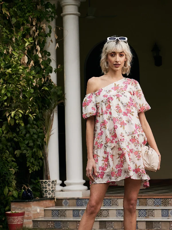 Today's Special Women White Floral Chinon One Shoulder Boxy Dress