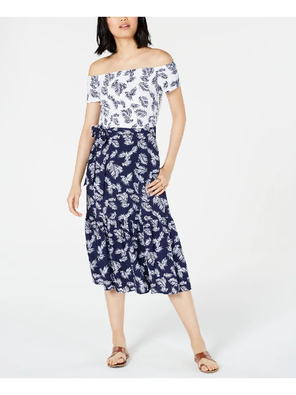 Buy More, Save More MAISON JULES Womens Belted Printed Short Sleeve Off Shoulder Midi Sheath Dress Buy More, Save More MAISON JULES Womens Belted Printed Short Sleeve Off Shoulder Midi Sheath Dress