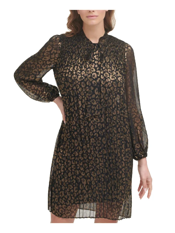 Best Deals DKNY Womens Metallic Animal Print Balloon Sleeve Tie Neck Above The Knee Party Shift Dress