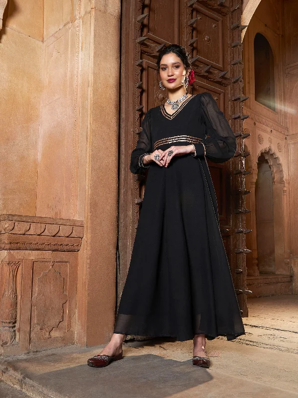 Stock Clearance Women Black Lace Detail Chiffon Maxi Dress