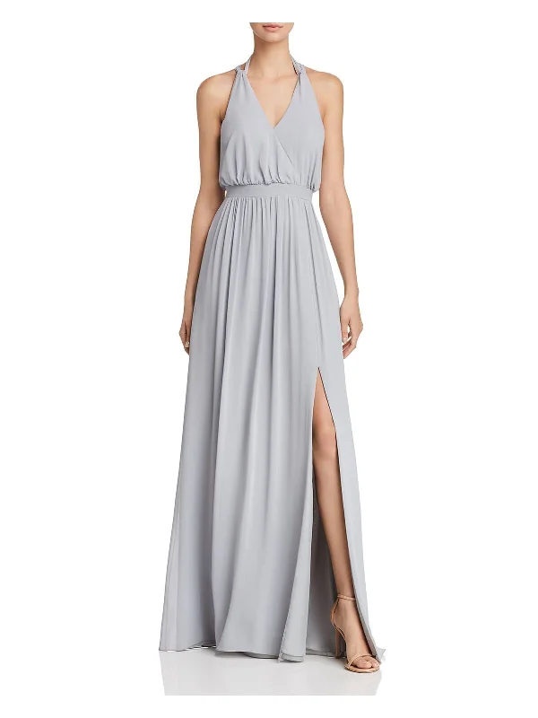 Midnight Madness WATTERS & WATTERS Womens Blue Slitted Sleeveless V Neck Full-Length Formal Fit + Flare Dress