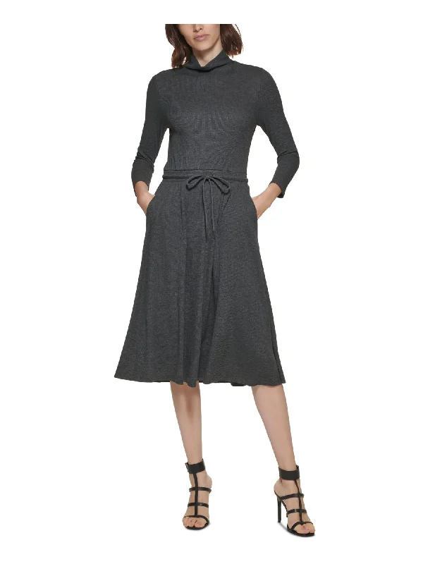 Flash Deals CALVIN KLEIN Womens Gray Stretch Ribbed Drawstring Waist Heather 3/4 Sleeve Mock Neck Below The Knee Wear To Work Sweater Dress Flash Deals CALVIN KLEIN Womens Gray Stretch Ribbed Drawstring Waist Heather 3/4 Sleeve Mock Neck Below The Knee Wear To Work Sweater Dress