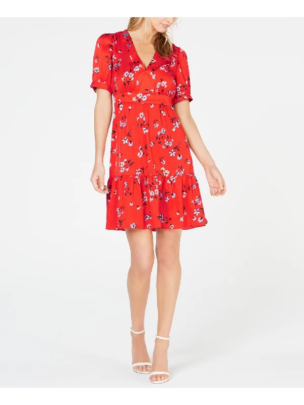 Price Cut JILL STUART Womens Red Ruffled Floral V Neck Mini Shift Dress