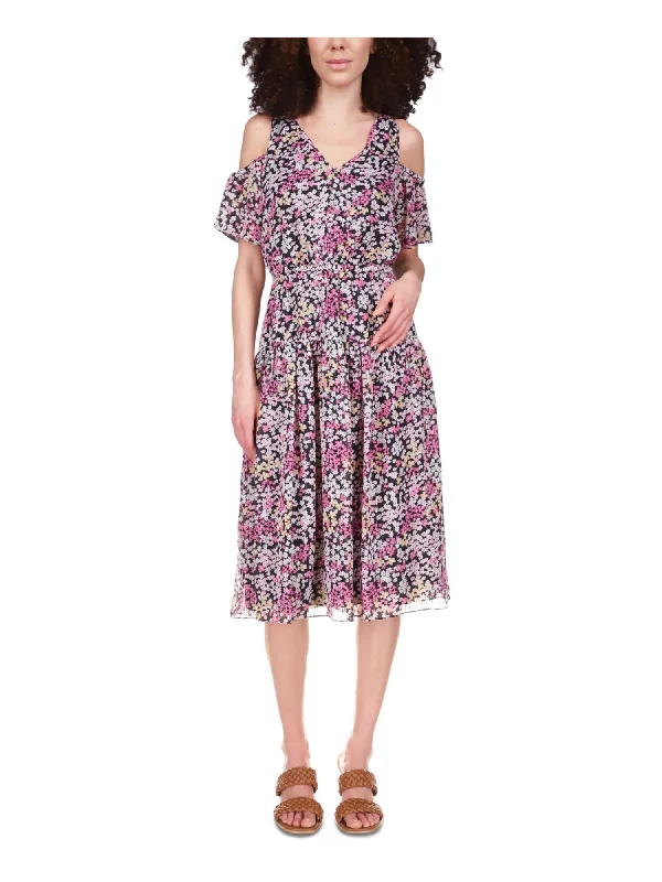 Holiday Sale MICHAEL KORS Womens Black Metallic Cold Shoulder Tiered Floral Short Sleeve V Neck Midi Fit + Flare Dress Holiday Sale MICHAEL KORS Womens Black Metallic Cold Shoulder Tiered Floral Short Sleeve V Neck Midi Fit + Flare Dress