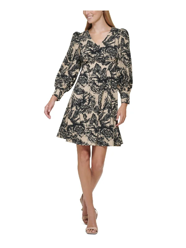 Blowout Deals CALVIN KLEIN Womens Beige Zippered Shirred Floral Cuffed Sleeve V Neck Above The Knee Wear To Work Empire Waist Dress