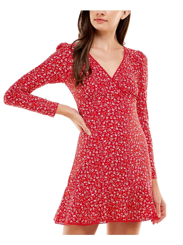 Lowest Price CITY STUDIO Womens Fitted Floral Long Sleeve Surplice Neckline Mini Party Fit + Flare Dress